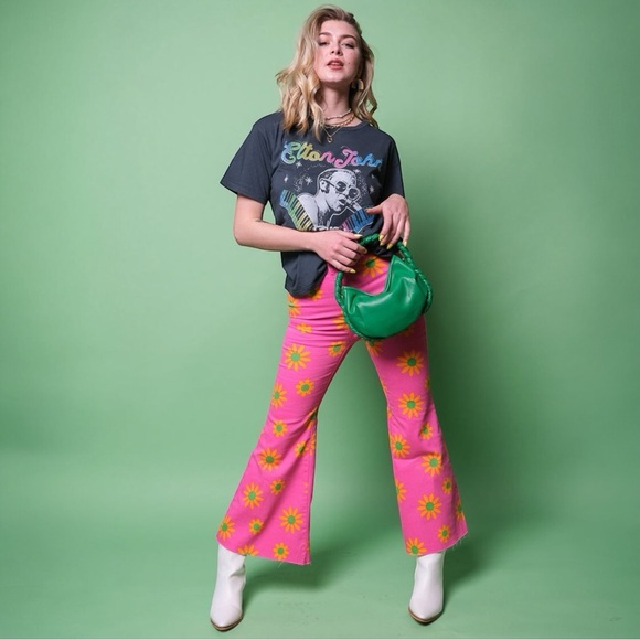 We The Free Youthquake Crop Flare Jeans Sz 31 Floral Print Pink Retro Pants - Picture 12 of 12